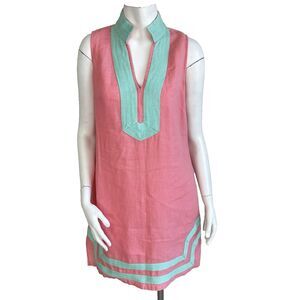 STS Sail to Sable 100% Linen Shift Dress S Pink Green Resort Vacation Summer